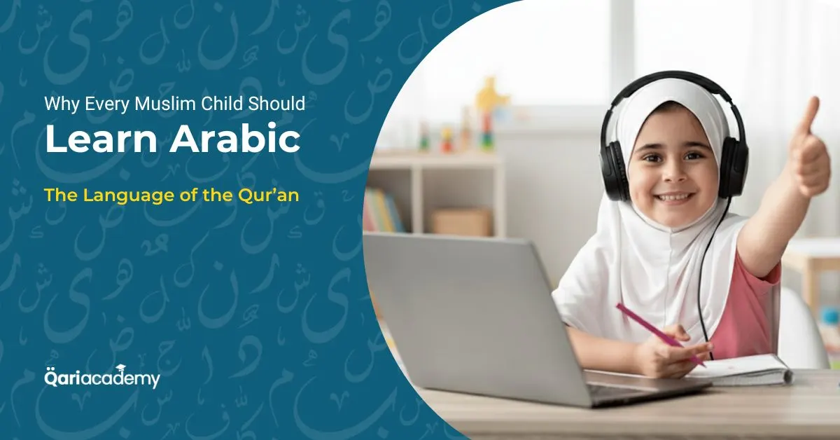 Muslim child learning Arabic online with a laptop at home
