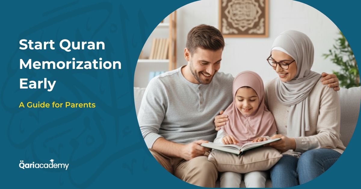 Parent teaching a young child to read the Quran in a warm, peaceful home setting.