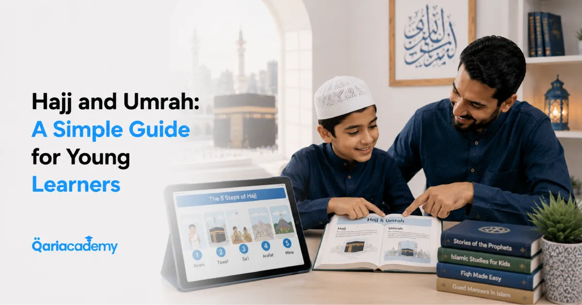 Muslim children learning about Hajj and Umrah rituals through an interactive educational lesson