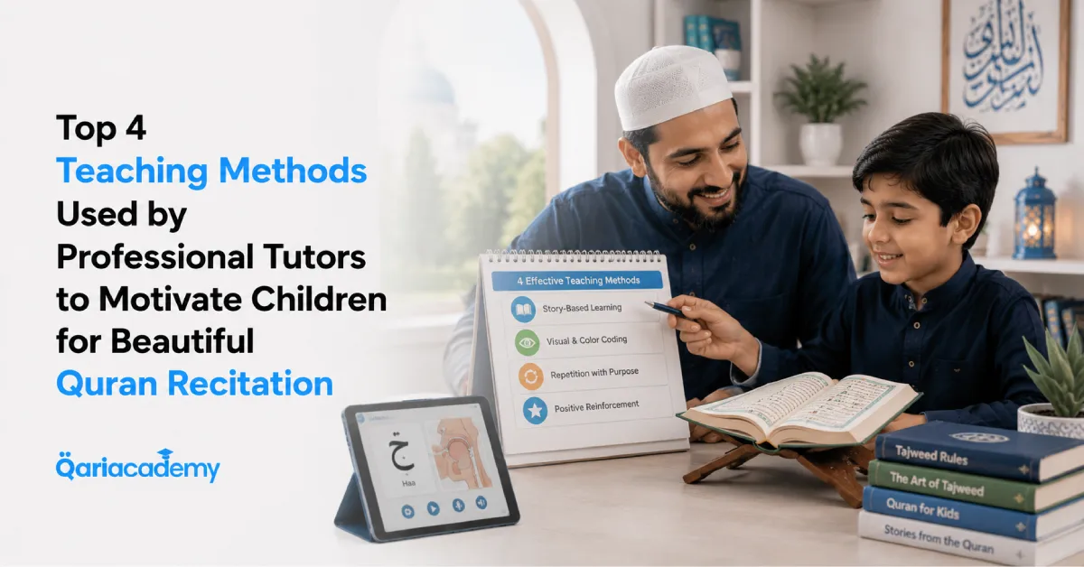 Professional Quran tutor motivating a child using interactive teaching methods for beautiful Quran recitation
