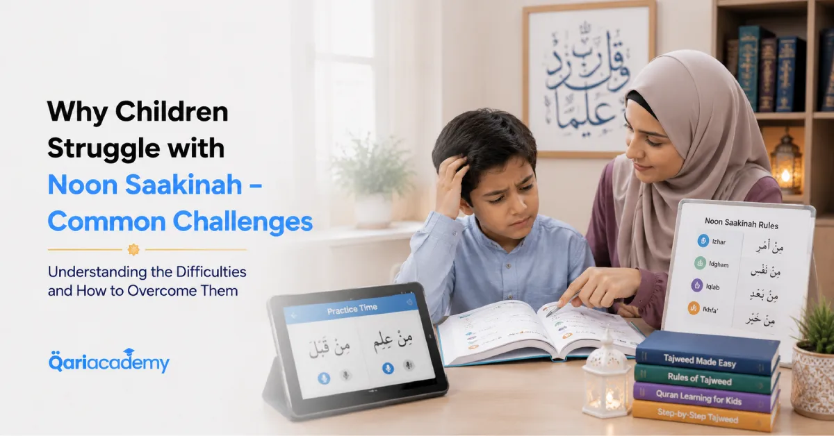Muslim child learning Tajweed rules focusing on Noon Saakinah in Quran reading class