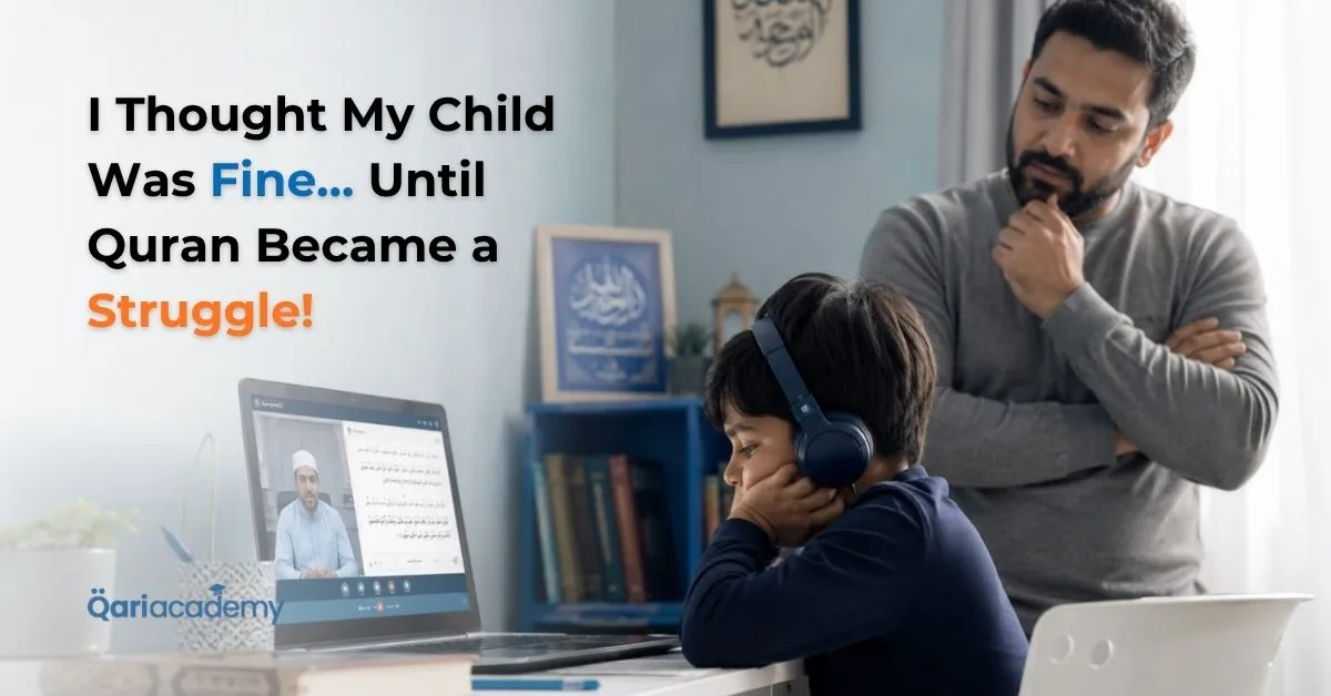Muslim child appearing frustrated during Quran study while a supportive parent looks on with concern in a home learning environment