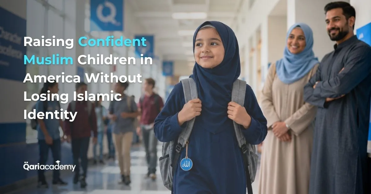 Muslim child learning the Quran online and developing a strong Islamic identity while growing up in the USA, UK, or Canada
