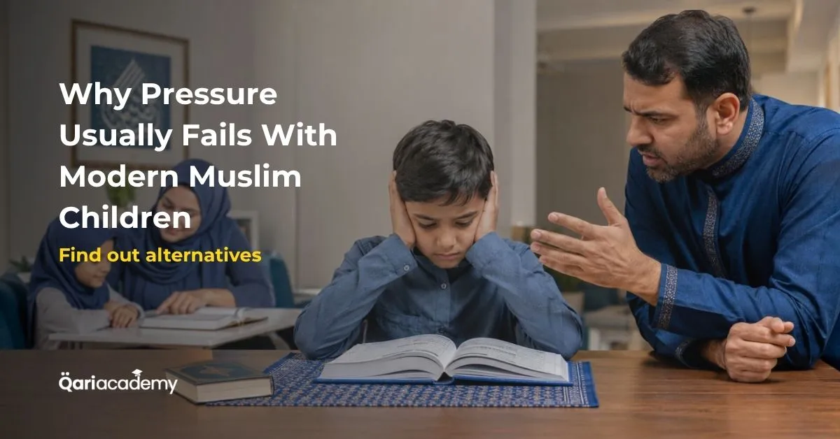 Modern Muslim child struggling with Quran learning in a calm home study environment while using digital tools, reflecting teaching pressure and emotional disconnect