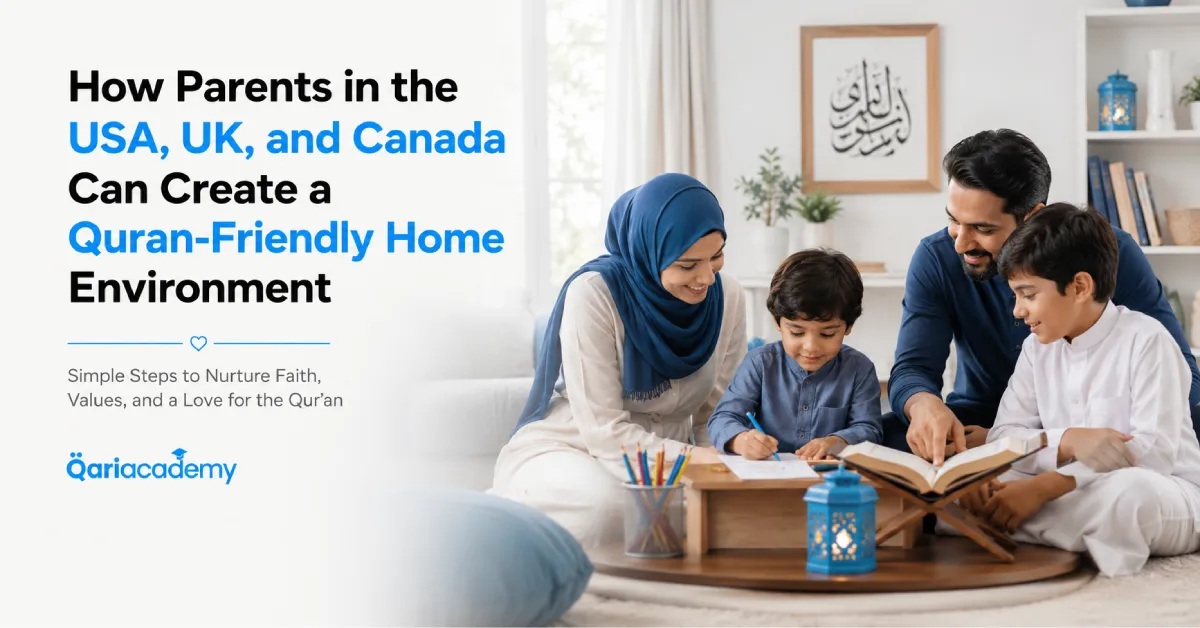 Muslim family creating a Quran-friendly home environment in USA, UK, or Canada with children reading Quran together