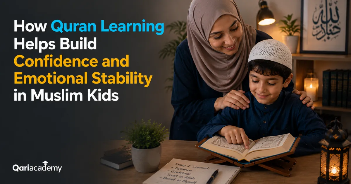 Confident Muslim child learning the Quran in a supportive and emotionally positive Islamic learning environment
