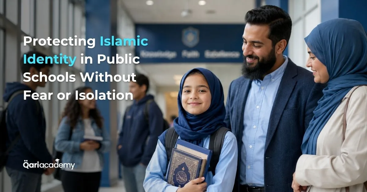 Muslim child confidently attending public school while maintaining a strong Islamic identity and connection to Quran learning