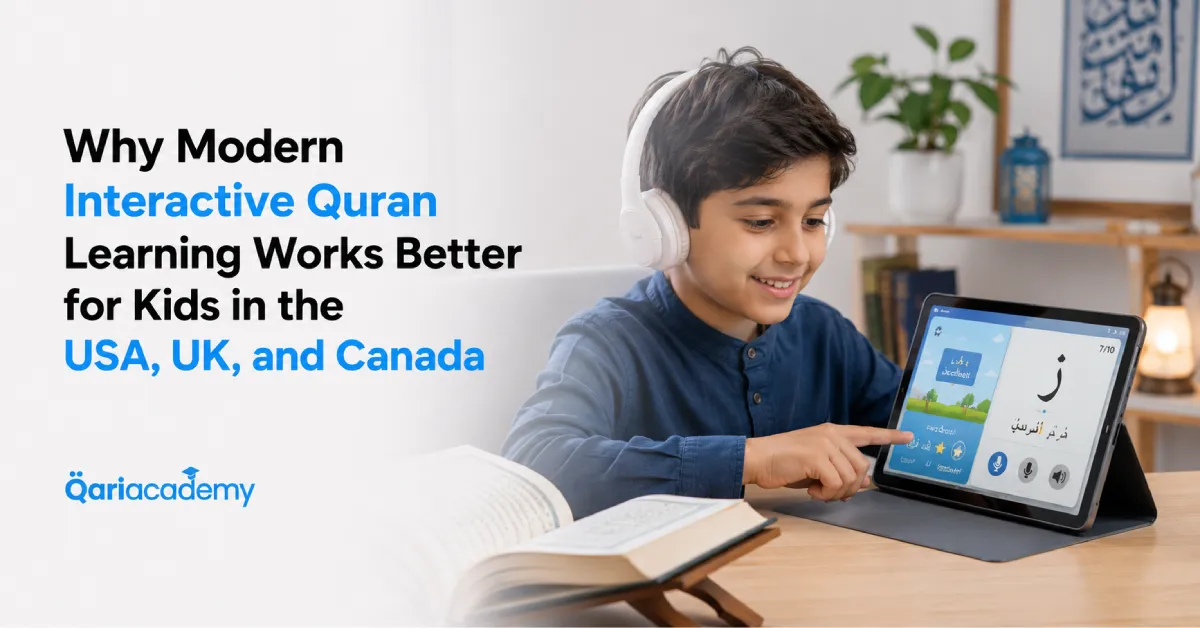 Modern interactive Quran learning session for children in USA, UK, and Canada using digital tools and engaging teaching methods