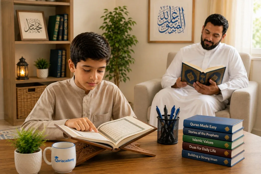 Father and child reading the Quran together at home