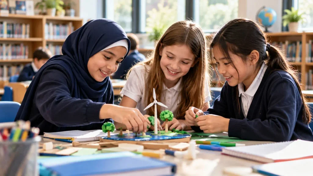 Muslim schoolgirl in a hijab working on a classroom project with classmates from different backgrounds.