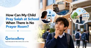 Muslim schoolboy thinking about how to find a suitable place to pray Salah during the school day.