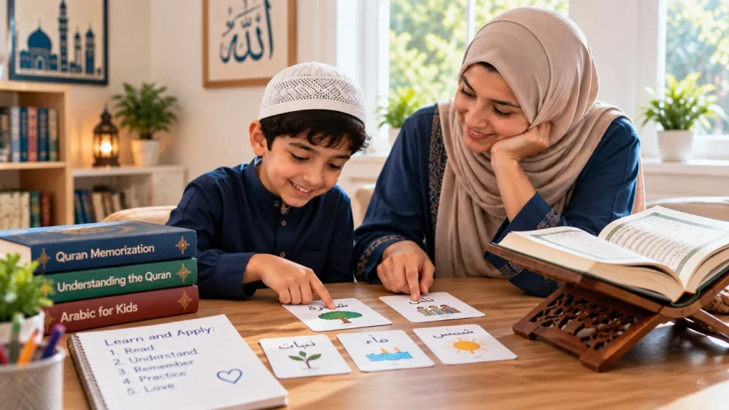 Muslim mother helping her son learn Quranic vocabulary and understand the meaning of Quranic verses.